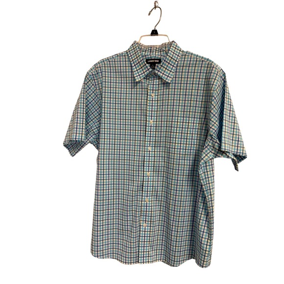 Lands' End Blue, White and Yellow Plaid Button Down Short Sleeve Shirt‎ L - Picture 1 of 6